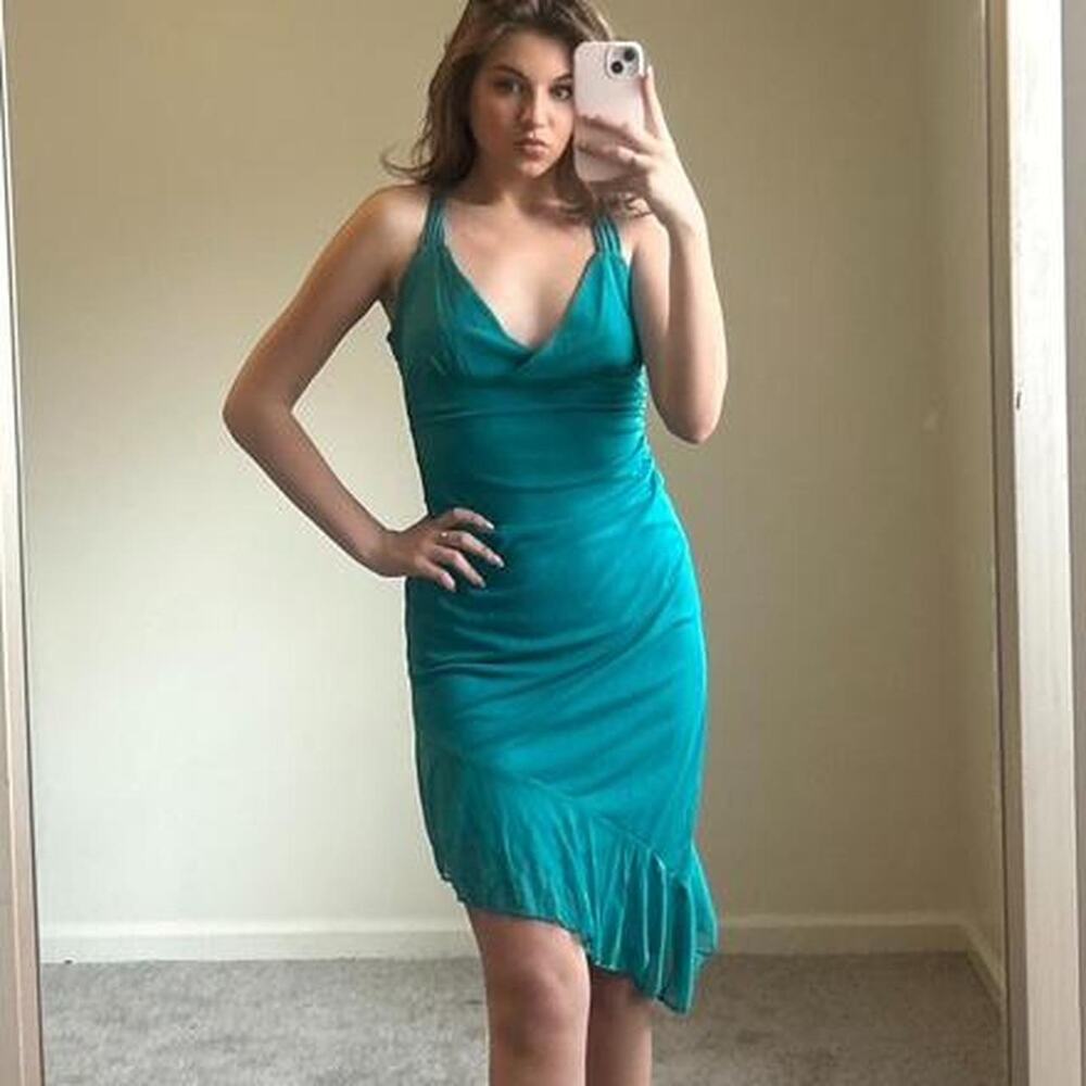 00s vintage Charlotte Russe asymmetrical slinky ruched teal mesh midi dress